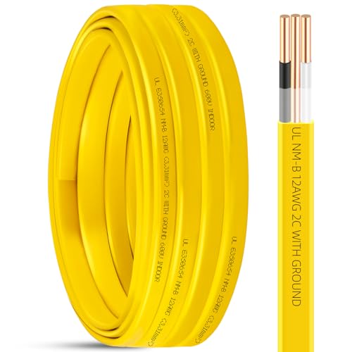 25ft NM-B 12/2 Wire with Ground 12/2 Solid Indoor Electrical Wire 12 Gauge 2 Conductors with Ground 12 AWG Copper Wiring Nonmetallic Sheathed NM-B Cable for Residential Branch Circuit Switches Outlets