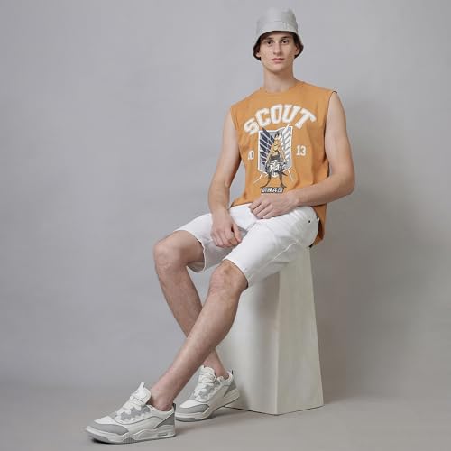 Image of Free Authority Official Attack On Titans:Scout Anime Graphic Print Pure Cotton Brown Regular Fit Sleeveless Tank Tshirt for Men