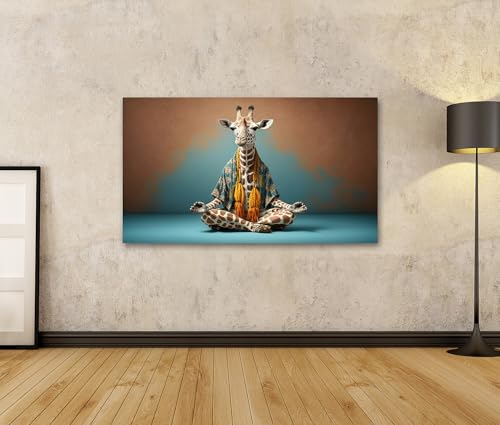 islandburner Bild auf Leinwand Giraffe Meditiert In Bunter Kleidung Auf Blauer Und Brauner Kulisse Bilder Wandbilder Poster
