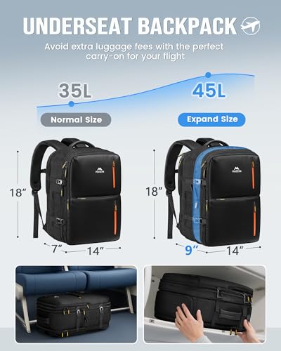 MATEIN Personal Item Travel Backpack 18x14x8 with Shoe Compartment Detachable, Expandable Underseat Backpack for Spirit Airlines Fit 17" Laptop, Airplane Approved Carry on Bag Luggage Mochila with USB4