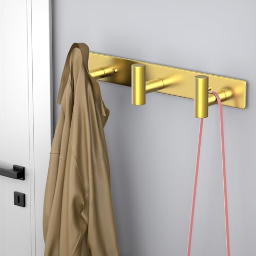 Image of PMMASTO Stainless Steel Coat Rack Wall Mounted, Heavy Duty Metal Hook Rail for Hanging Coats Hats Towels Robes Bags, Modern Wall Hooks Organizer (Gold, 3 inchT Hooks, 1PACK)