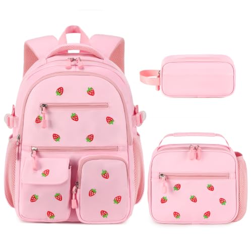 Image of DIGOBAY Backpack for Girls 6-8, 3PCS Embroidery Toddler Girls Backpack with Lunch Bag Pencil Case, 15.7 inch Kids School Bookbag for Preschool Kindergarten Elementary Daycare Backpacks, Pink Strawberry