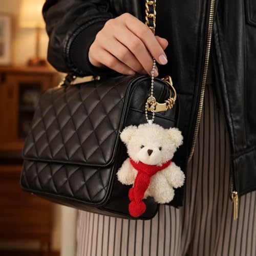 Image of Snow White Plush Teddy Bear Keychain with Red Knitted Scarf & Silver Ball Chain - Soft Fluffy Mini Bear Charm with Warm White Fur Finish, Cute Aesthetic Hanging Accessory for Keys, Bags