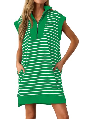 Image of Wenrine Womens Striped Mini Dress Casual Zipper Cap Sleeve Collared V Neck Loose Knit Summer Dresses