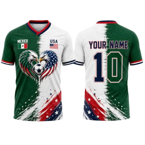 Custom Half Mexico Half USA Soccer Jersey - Personalized Binational Football Fan Apparel with Name Number Split United States Mexico T Shirt Game Day 2026