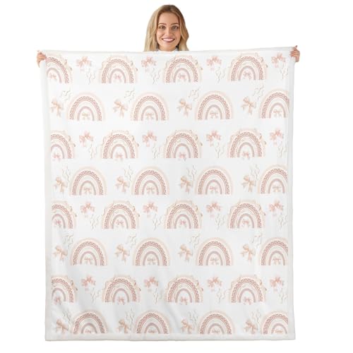 feelingyou Alfombra de cama bohemia de arco iris, manta de felpa con lazo para niñas en acuarela para decoración rústica del hogar, bonita manta de franela de estilo femenino, manta de forro polar con