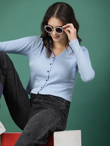 Image of Rigo Casual Wear V Neck Rib Knit Top for Women | Slim Fit Long Sleeves Western Tops for Women