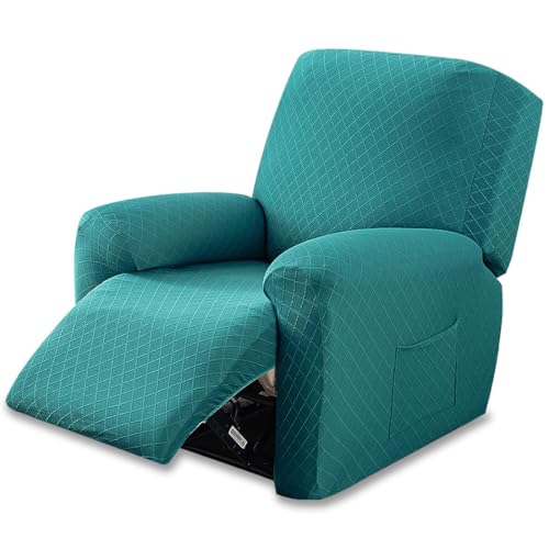 Lussenwert Recliner Slipcovers 4-Pieces Recliner Chair Covers Lazy Boy Chair Covers Stretch Jacquard Recliner Couch Covers Fitted Non Slip Furniture Protector for Recliner with Pocket Peacock Blue