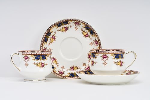 Image of GOLDEN QUEEN'S Cup & Saucer Set | Perfect for Hosting & for Tea /Coffee Lovers | Handcrafted in India, Inspired by Florals & 24-Carat Gold Rim | 6 Cups & 6 Saucers |170 ml (Blush & Blue Cascade)
