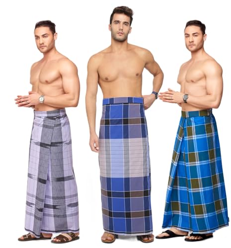 Image of Nandu Brand Men's Cotton Stitched Lungi (Pattern May Vary, Multicolour, Free Size) - Pack of 4