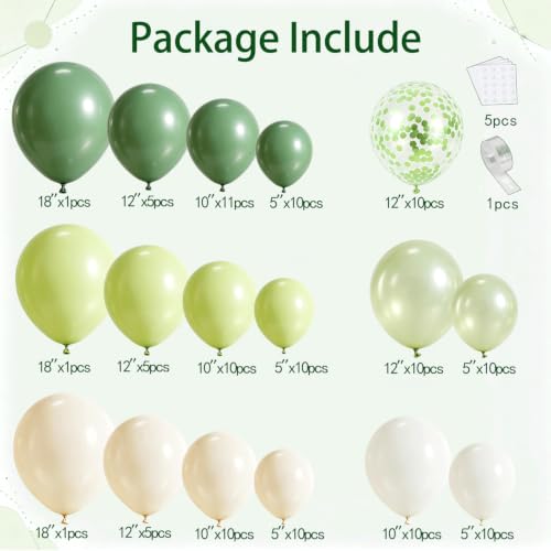 Image of Blocesa Sage Green White Balloons Arch Kit Double Stuffed, Party Decor. | Olive /Sage Green Pearl Green White Beige Confetti Balloons. for Birthday Baby Shower Bridal Shower Wedding Jungle Decor.