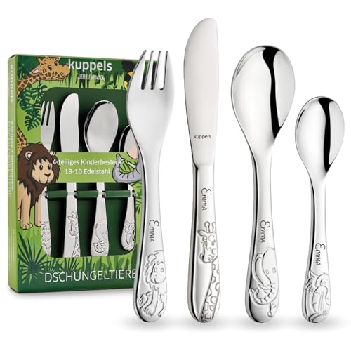 Kuppels Kinderbesteck mit Namensgravur – Kinder Besteck Set ab 3 Jahre, 4-teilig, Edelstahl, spülmaschinengeeignet – personalisiertes Taufgeschenk für Mädchen & Jungen, Dschungeltiere