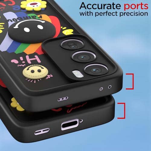 Image of Pikkme Back Cover for Oppo Reno 12 Pro 5G | Soft Silicone| Cute Rainbow Smile & 3D Cartoon Flower Design | Shockproof Raised Camera Protection Bumper Case (Black)