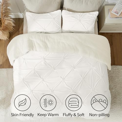 Image of BEDELITE Fluffy Sherpa King Comforter Set,Pintuck-White | Super Soft & Warm Fleece Bedding, Luxury Fuzzy Comforter for Winter, Heavy Plush Bedding Set,2 Pillowcases