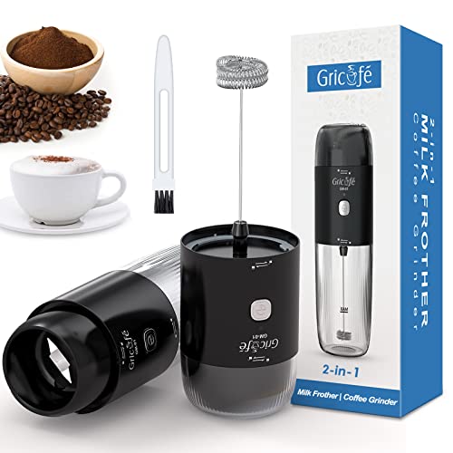 GRICAFE Electric Milk Frother with Coffee Grinder, 2 in 1 Rechargeable Electric Blade Grinders for Coffee Beans/Spices, Foam Maker Whisk Mixer Mini Blender Foamer for Espresso, Cappuccino, Latte