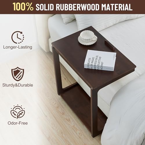 Image of Uniclinens Rolling Side Table, C Shape Couch End Table with Wheels, Mobile Wooden Sofa Tray, Movable Small Couch Desk for Bedroom Living Room, Dark Walnut