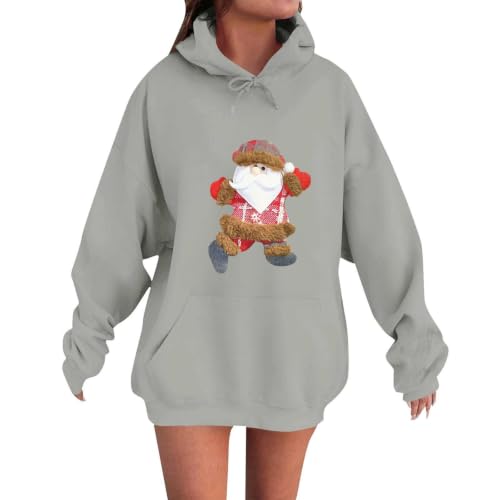 Image of Christmas Hoodies for Women Cute Santa Claus Print Xmas Sweatshirts Grey