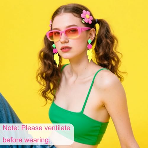 3 Pairs 80s 90s Neon Earrings for Women, Acrylic Retro Heart Tape & Lightning Geometric Dangle Neon Earrings for 80s 90s Disco Theme Party Accessories Glowing Party Jewelry 5