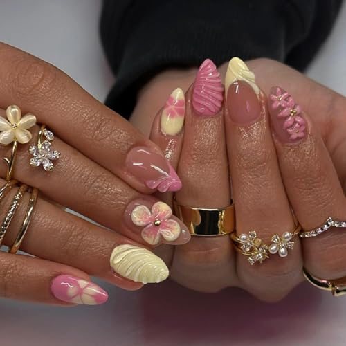 24Pcs Pink Yellow French Tip Press on Nails Short Almond ZIFANHU Spring Floral Fake Nails Press ons Nail Art Tips Kit 3D Flowers Design Full Cover Stripe False Nails Nude Glue on Nail for Women