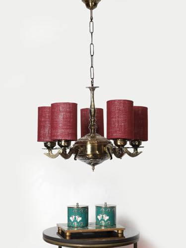 Image of Devansh 05 Lights Maroon Jute Round Shade with Antique Golden Chandelier