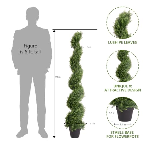 THE BLOOM TIMES 5ft Artificial Topiary Trees Set of 2, Faux Cedar Cypress Spiral Topiary Trees Outdoor - Fake Plants for Garden Front Porch Indoor Outside Planter Decor 5 Foot