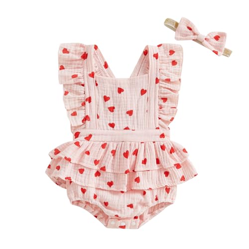 Image of FEIBEL Baby Girls Flutter Sleeve Ruffles Layered Romper Dress Cute Patterns Printed Holiday Outfit with Headband