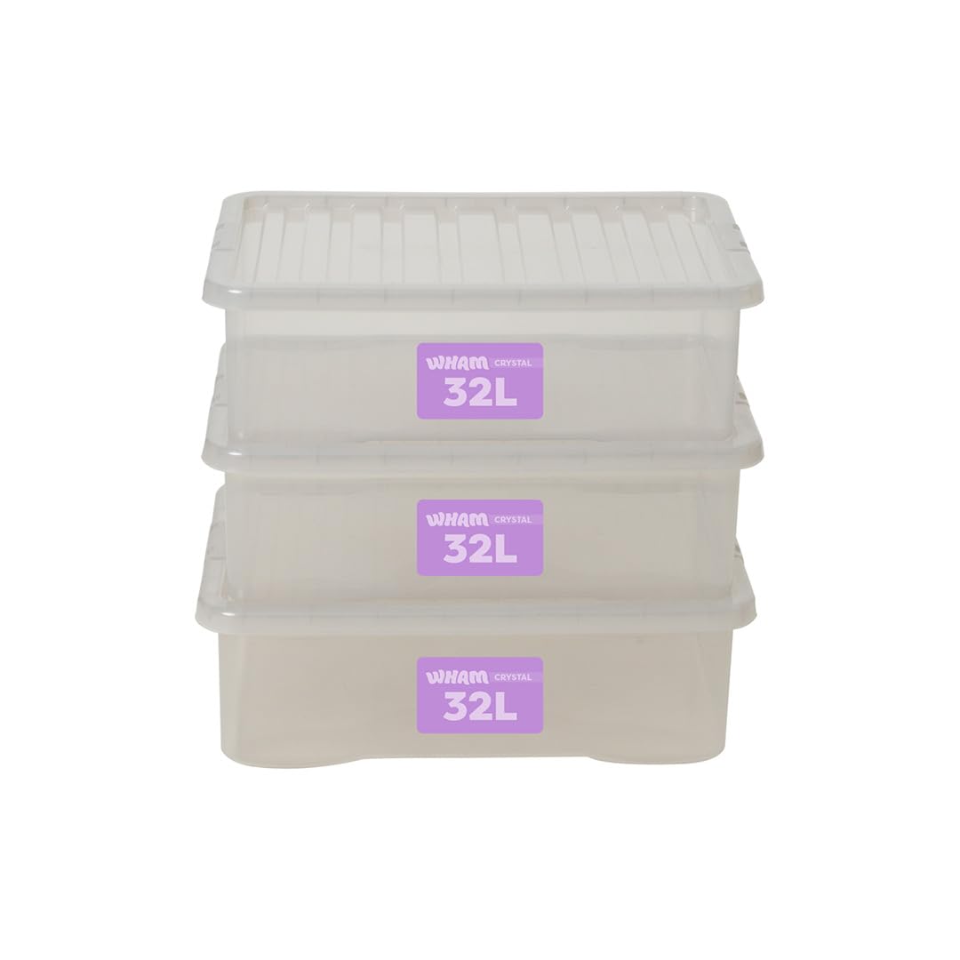 Wham Plastic Storage Boxes With Lids Home Office Stackable Nestable Container Box, 32L Easy fit Underbed Protective Storage Box, 60 x 40 x 18 cm - Tint Grey (Set of 3)