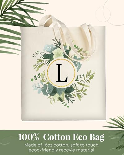 Image of AUSVKAI Canvas Tote Bag for Women, Cute Aesthetic Leaf Initial Trendy Cotton Reusable Personalized Birthday Bags