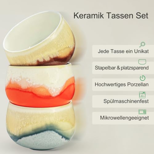 Cappuccinotassen Set 4x210ml Porzellan mit PU Untersetzern bunt – Bild 2
