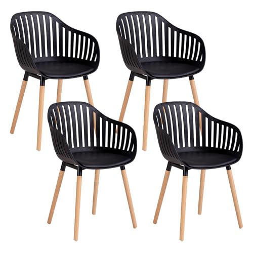 GrandCA HOME Juego de 4 Sillas Modernas de Comedor y Cocina con Reposabrazos y Cojines, Respaldo Hueco Vertical y Patas de Madera para Sala, Balcón y Oficina   Negro