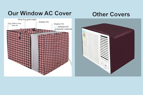 Image of The Furnishing Tree Elastic fit waterproof Polyester window ac cover suitable for Croma 1.5 Ton, Dustproof cover for inner and outer section, In CM: (62.23x66.04x43.18), Checkered Pattern Beige
