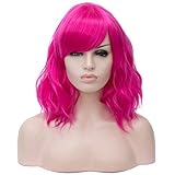 BUFASHION 14' Women Short Wavy Curly Wig Pink Bob Wig Cosplay Halloween Synthetic Wigs with Side Bang Wig (Pink)