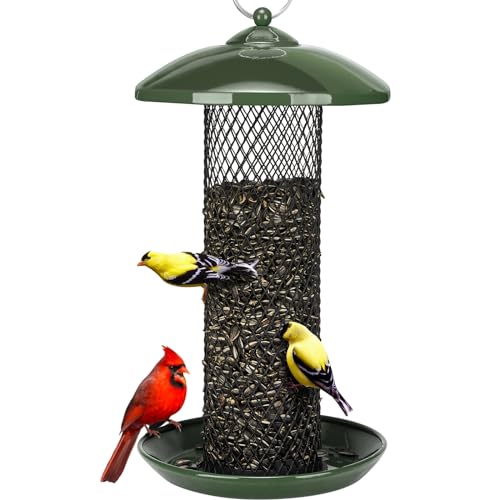 Kingsyard Mesh Tube Bird Feeders for Outdoors Hanging, All Metal, Wild Bird Feeder for Sunflower Seeds or Mealworm, Large Tray & Weatherproof Roof, 2.5 lbs Capacity (Dark Green)