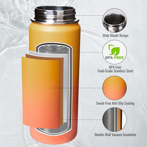 Image of Fijinhom Insulated Water Bottle with Handle, 304 Stainless Steel Water Bottles with Wide Mouth, Double Wall Vacuum Sports Water Bottle, BPA Free, Keep Cold and Hot, 18 Ounces, Yellow&Orange