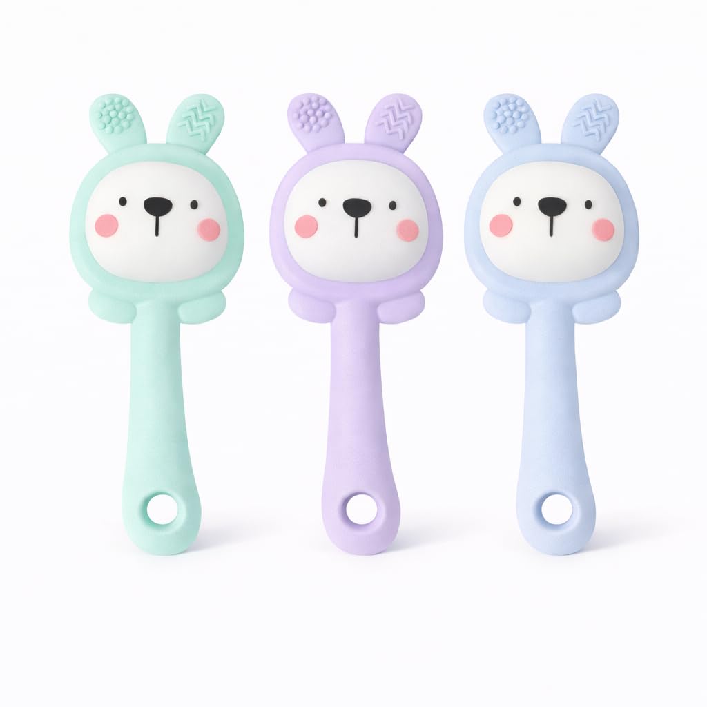 Silicone Teether Toy Set | Pack of 3 Bunny Shape | Green, Purple & Blue | BPA Free, Food-Grade Silicone | Easy Grip Chewing Toy-image-48