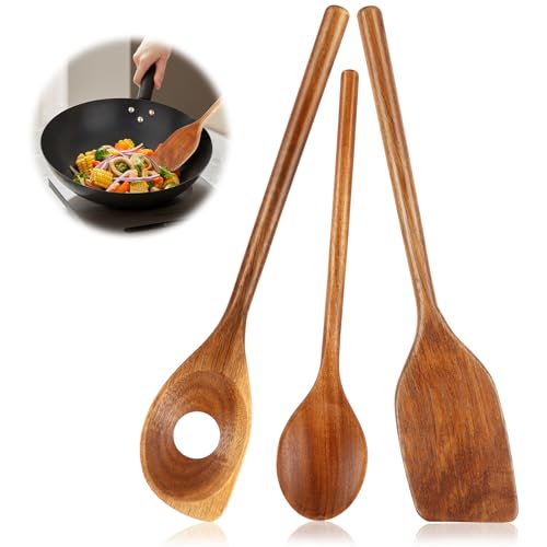 Exsink Ustensiles De Cuisine En Bois Set 3 Pièces, Spatule En Bois Cuillère Et Cuillère À Égoutter, Naturels Antiadhésive Résistant À La Chaleur...
