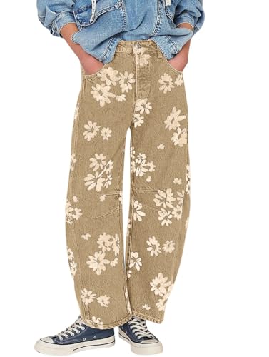 loveimgs Women Y2k Distressed Barrel Jeans Baggy Wide Leg Jeans Floral Printed Boyfriend Patchwork Denim Pants