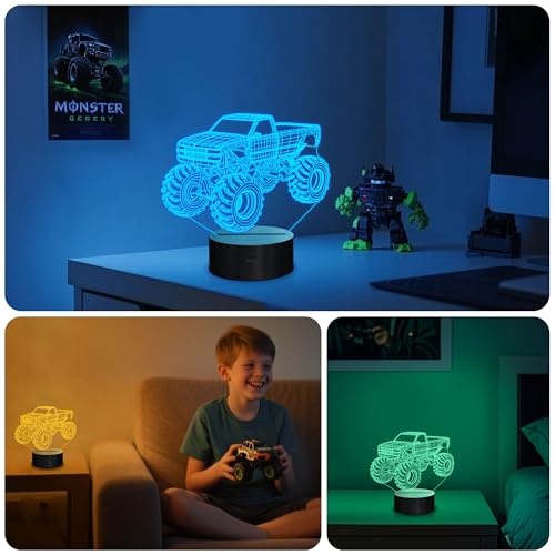 3D Night Lights for Children, Kids Night Lamp, Monster Trucks for Boys, 16 LED Colors Changing Lighting, Car Shape Acrylic Lighting Table Desk Bedroom Decoration, Ideas Birthday Xmas