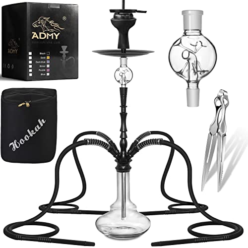Kit narguilé ADMY, Grand Narguilé Aluminium 87cm | Kit complet de chicha avec 4 tuyaux et 4 raccords | Récupérateur de mélasse, tête en silicone, cheminée, embout buccal, pince, joint, sac (noir) Cover