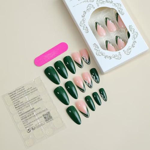 Image of Green French Tip Press on Nails Gold Line Fake Nails Nude Glossy Glue on Nails Artificial Acrylic Nail Fullc Cover Stick on Nials Short Almond False Nails for Women Girls Spring Summer Manicure 24Pcs