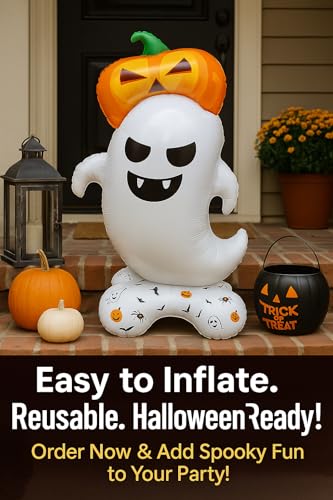 Image of AMFIN (Pack of 1) Self Standing Halloween Ghost Funny Balloon with Pumpkin Hat - 47 inch Tall Self-Standing Foil Balloon | Giant Inflatable Air Balloon - White