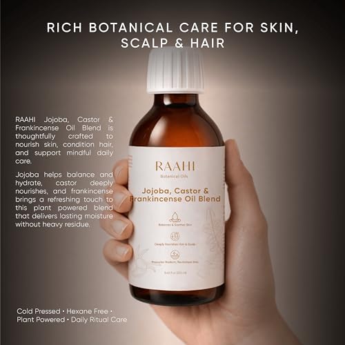 Image of RAAHI Jojoba Oil, Castor Oil and Frankincense Oil Blend for Hair and Skin, 8.45 fl oz / 250 ml, Botanical Moisturizer for Scalp, Face, Body and Hair