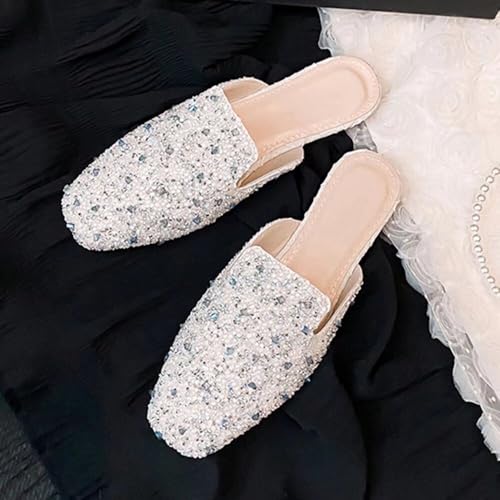 Stunner Women's Flat Mules Square Toe Bowtie Rhinestone Backless Mulers Shoes Casual Walking Flat Loafers3