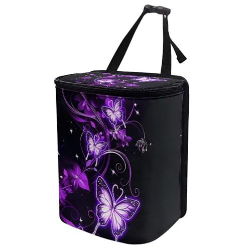 Image of KEIAHUAN Purple Butterfly Car Garbage Bag Hanging Collapsible Large Capacity Garbage Can Portable Car Trash Can with Lid Collapsible Vehicle Interior Accessories for Women