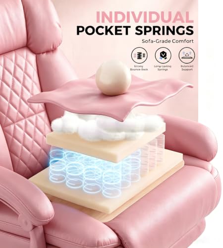 Image of GTPLAYER Executive Office Chair Big and Tall Leather Gaming Chair with Pocket Spring Cushion & Ergonomic Lumbar Support for Lower Back Pain Relief, Comfy Desk Chair with Footrest, Pink
