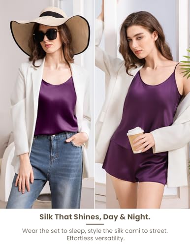 THXSILK 100% Mulberry Silk Women Cami Pajama Set, Tank Top with Shorts Sleepwear, Adjustable Spaghetti Straps, Luxury Pj Set4