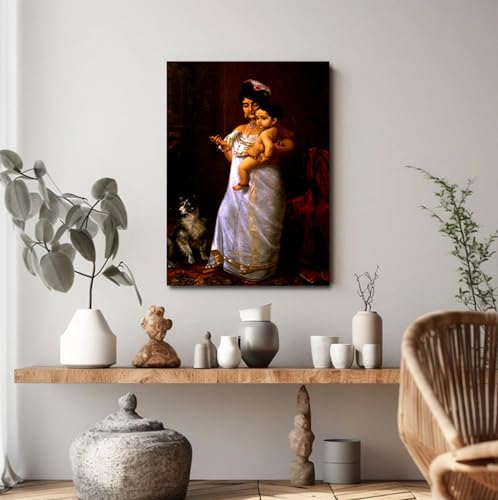 Image of Sikhash Raja Ravi Varma Canvas Paintings Classic Art, Indian Art, Famous Artist, Wall Painting for Living Room, Bedroom, Office, Unframed, Multicolor Fabric Size - 12x8 inches (30x20 cms, Here Comes Papa)