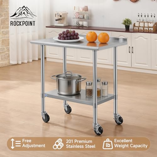 Image of ROCKPOINT All Stainless Steel Prep Table with Caster & Backsplash 24x36 Inch,Commercial Heavy Duty Workbench with Stainless Legs & Adjustable Undershelf,750 lb Capacity for Outdoor Kitchens with Wheel
