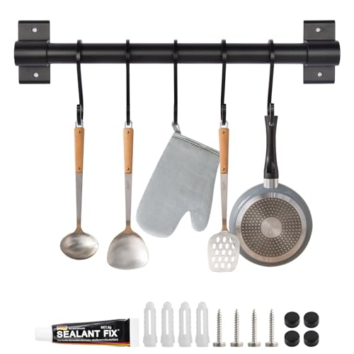 volumoon Barra Colgador de Utensilios Cocina, Barra para Cocina, Colgador Utensilios Cocina, Colgador de Pared para Utensilios de Cocina con 5 Ganchos, Barra Cocina Colgar Utensilios Negro