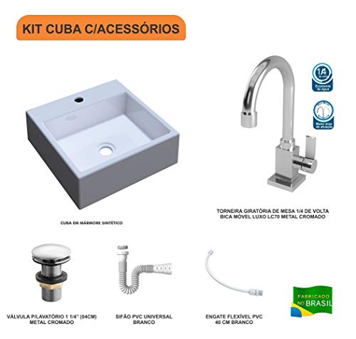 Kit Cuba Q355 C/Torneira Luxo 1195 Metal + Válvula Click 1 1/2'' (04cm) + Sifão Pvc + Flexível Bra